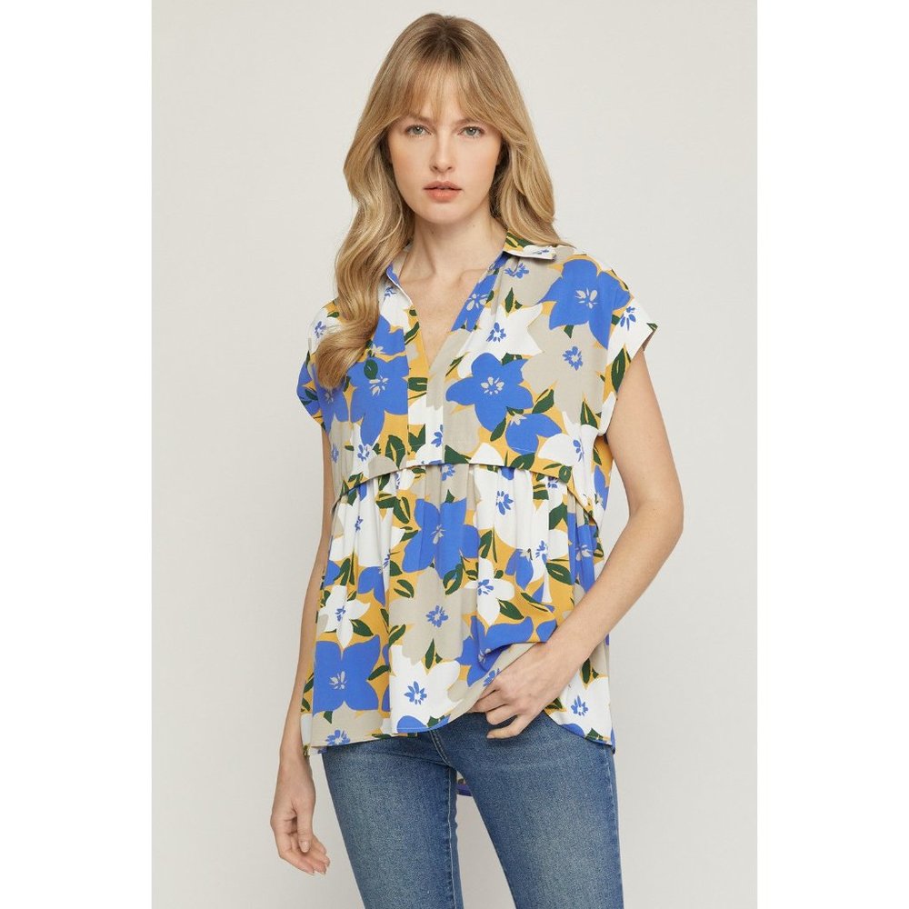 Entro Floral Print V-Neck Top, Blue